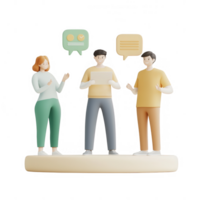 Three diverse individuals engage in a lively discussion with speech bubbles. png