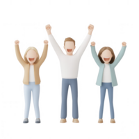 Three happy individuals celebrating with raised arms in a joyful expression. png