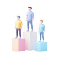 Three individuals stand on stylized platforms representing achievement and teamwork. png