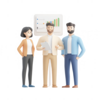 Three professionals collaborating on a project with charts and graphs. png