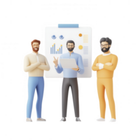 Three professionals discussing data insights with graphs and charts in a meeting. png