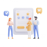 Three individuals in a modern setting discussing digital feedback and communication. png