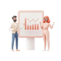 Two characters presenting data insights on a digital screen, emphasizing teamwork. png
