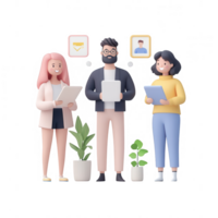 Three professionals discussing ideas with documents and plants in a modern workspace. png