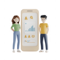 Two characters stand beside a smartphone displaying business statistics and charts. png