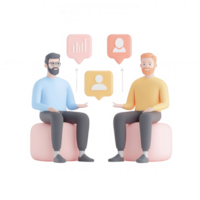 Two men discussing ideas with speech bubbles and graphs in a modern setting. png