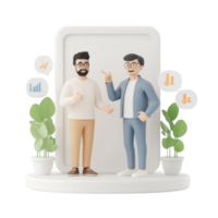 Two digital characters engaging in a business conversation with graphs in background. png