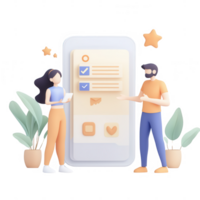Two people discussing tasks using a mobile app with checklists and decorative plants. png