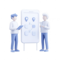 Two people interacting with a digital device in a modern business setting. png
