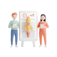 Two professionals analyzing data with a rocket symbolizing growth and innovation. png