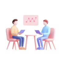 Two professionals collaborating on laptops, analyzing data and trends. png
