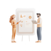 Two professionals discussing analytics and data in a modern office setting. png