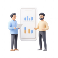 Two professionals discussing data insights using a digital interface. png