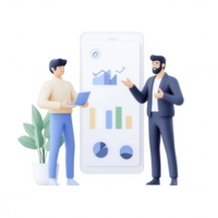 Two professionals discussing data analytics on a digital device. png