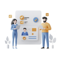 Two professionals collaborating on a project with digital documents and check marks. png