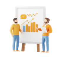 Two professionals discuss data trends and strategies with a presentation board. png