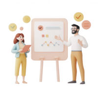 Two professionals discussing strategy and metrics at a presentation. png