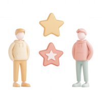 Two stylized figures interacting with colorful stars, representing collaboration and creativity. png