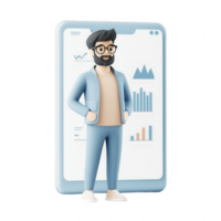 A 3D character displaying business analytics through a digital interface. png