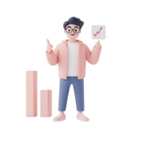 A 3D character displaying growth graphs and bars, symbolizing business success. png