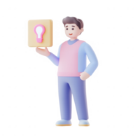 A 3D character holding a light bulb symbol, representing innovative ideas and solutions. png