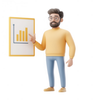 A 3D character presenting a business growth chart in a modern office setting. png