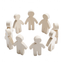 Wooden figures forming a circle to symbolize unity and community in teamwork. png