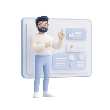 A 3D character presenting data with a digital interface background. png