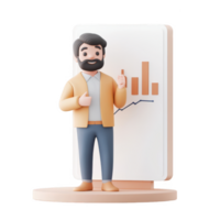 A 3D character showcasing a positive business trend with graphs and data. png