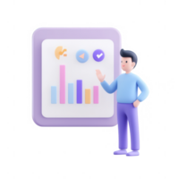 A 3D character presenting a data chart for effective business communication. png
