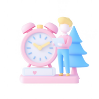 A colorful, playful illustration of a cartoon character with a clock and a tree. png