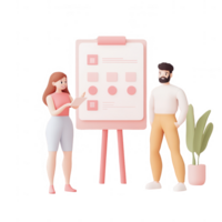 A couple collaborating in a modern office setting with a presentation board. png
