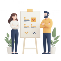 Two professionals discussing a project in front of a presentation board. png