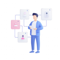 A man analyzing data on digital platforms with interconnected elements. png