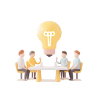 Creative team brainstorming around a table with a glowing light bulb above. png