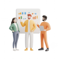 Diverse team discussing strategies in front of a colorful data presentation. png