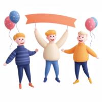 Three cheerful friends celebrating with balloons and a banner for a joyful occasion. png