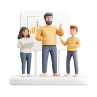 Three diverse characters engaged in a team meeting, discussing ideas and insights. png