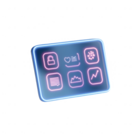 Futuristic interface with glowing icons for digital technology and communication. png