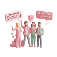 Group celebrating marketing success with cheerful expressions and signs. png