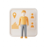 A 3D illustration of a person standing next to graphical data and icons. png