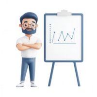 A cartoon man beside a growth chart on a whiteboard, representing business success. png