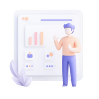 A digital illustration of a person presenting data insights with graphs and charts. png
