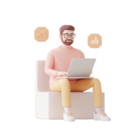 A man working on a laptop analyzing data with charts and graphs in a modern setting. png