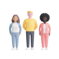 Diverse group of three cartoon characters standing together in casual outfits. png