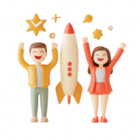 Cheerful characters celebrating a successful launch with a rocket and stars. png