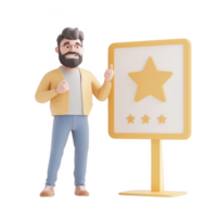 A cheerful man showcasing a three-star rating with a positive attitude. png