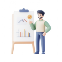 A man presenting data charts on a whiteboard in a modern business setting. png