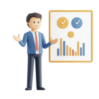 Professional man presenting data and statistics with graphs and checkmarks. png