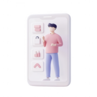 Stylized smartphone with user interface representation and character illustration. png